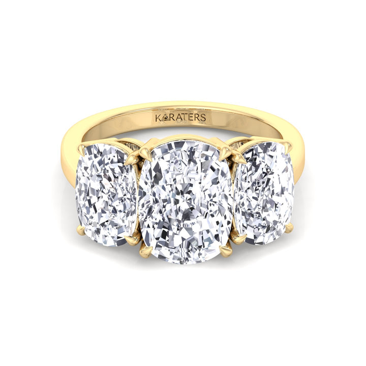 3 Stone Elongated Cushion Cut Lab Grown Diamond Engagement Ring Yellow Gold 14K