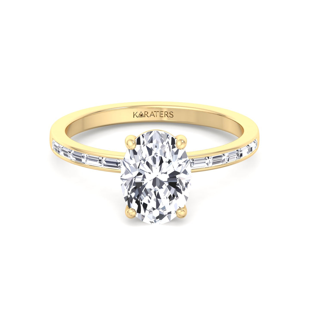 Oval Cut Lab Grown Diamond Engagement Ring with Baguette Channel Band-1CT-2CT-3CT-4CT-5CT-6CT-7CT-8CT-9CT-10CT-14K-Yellow Gold
