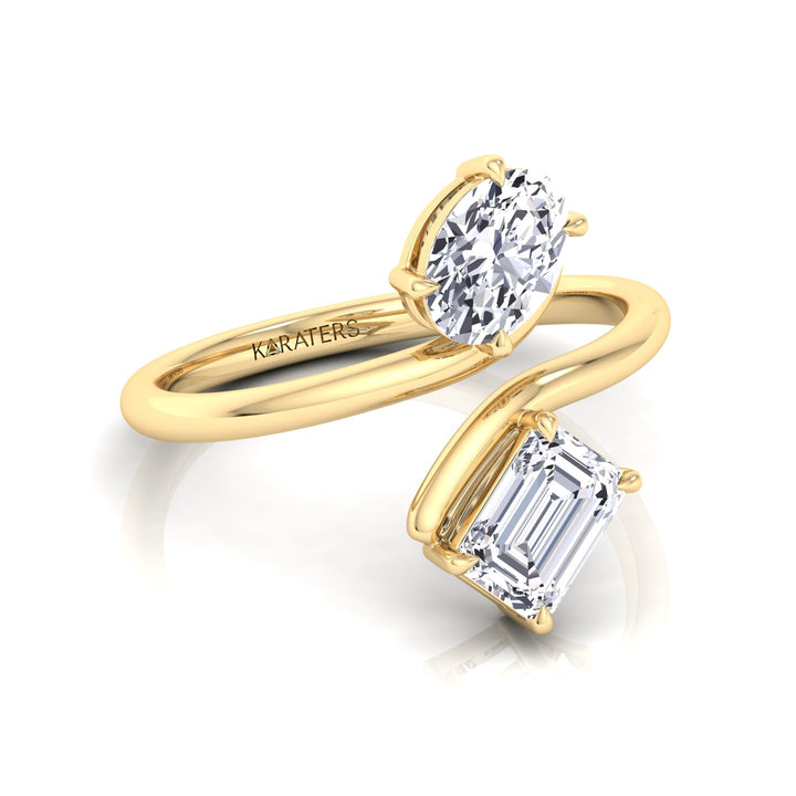 Oval & Emerald Shape Lab Grown Diamond Open Engagement Ring-Yellow Gold-18K