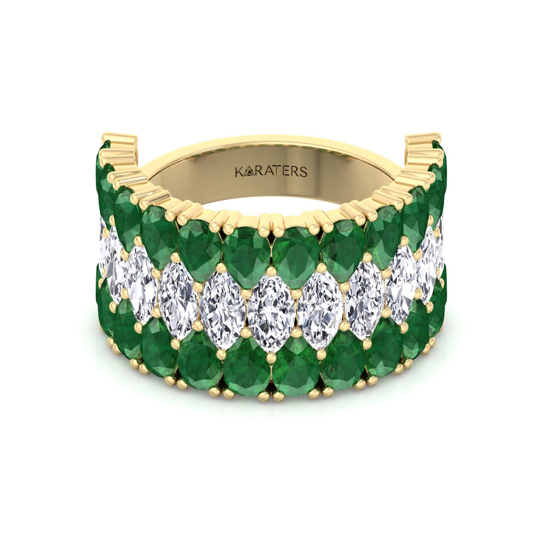 Pear Shape Green Emerald and Marquise Lab-Grown Diamond Cocktail Ring  YG 3