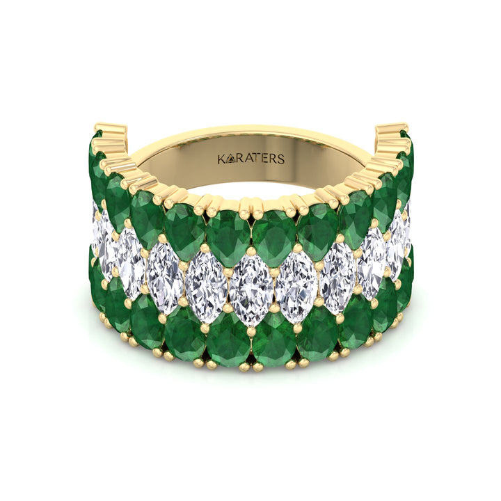 Pear Shape Green Emerald and Marquise Lab-Grown Diamond Cocktail Ring  YG 3
