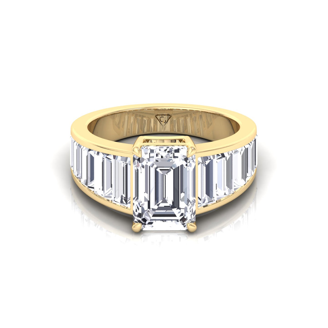 Emerald Shape Lab Grown Diamond Engagement Ring with Graduated Tapered Emerald Sidetones Yellow Gold 14K