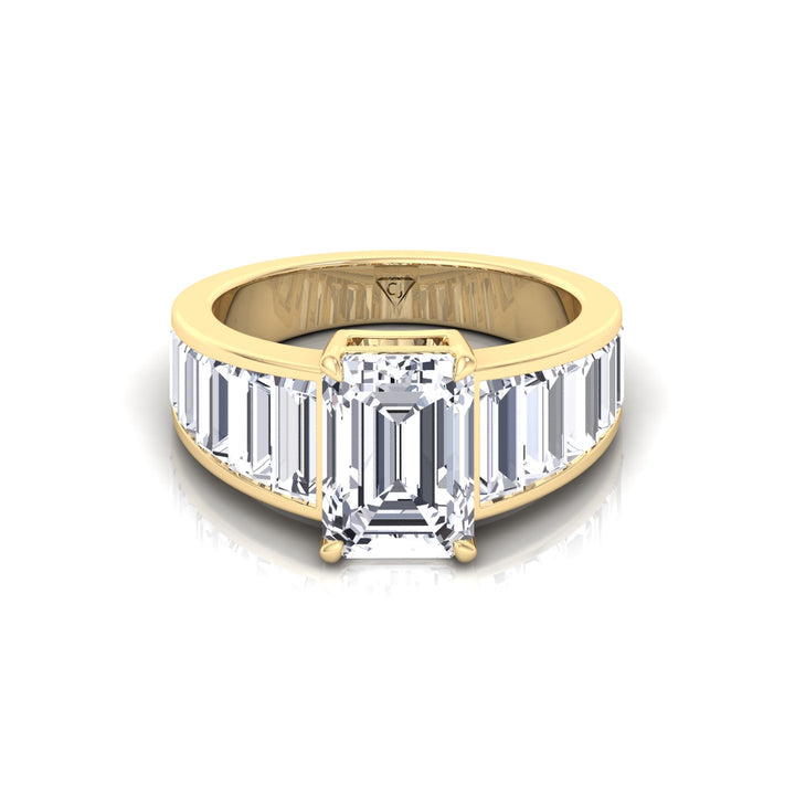 Emerald Shape Lab Grown Diamond Engagement Ring with Graduated Tapered Emerald Sidetones Yellow Gold 14K
