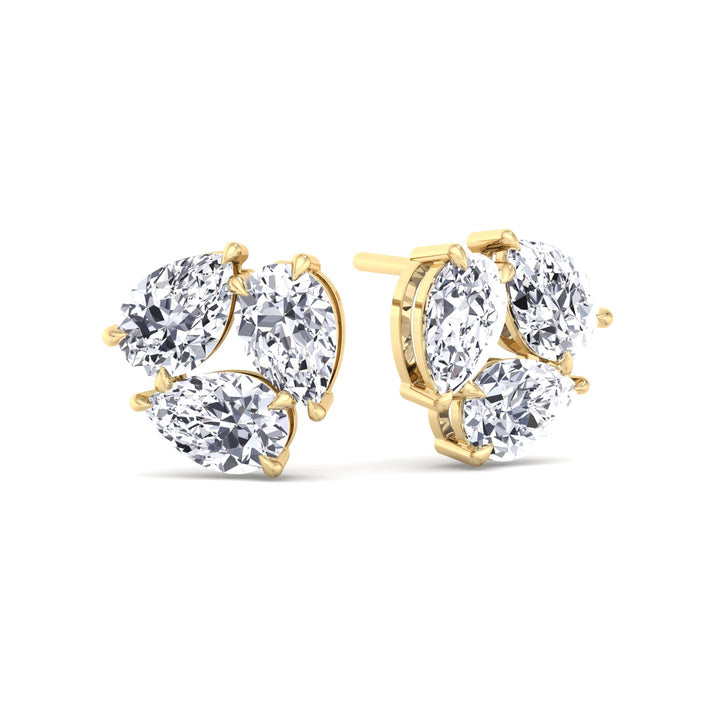 Triple Pear Shape Lab Grown Diamond Cluster Earrings Yellow Gold 18K