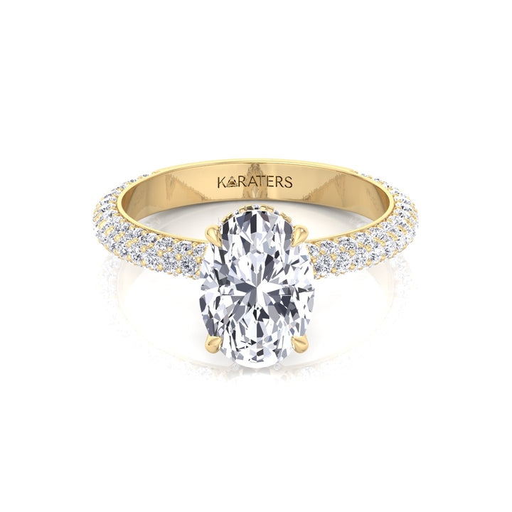 Oval Shape Lab-Grown Diamond Invisible Halo Engagement Ring with Three Row Pave Band Yellow Gold 14K