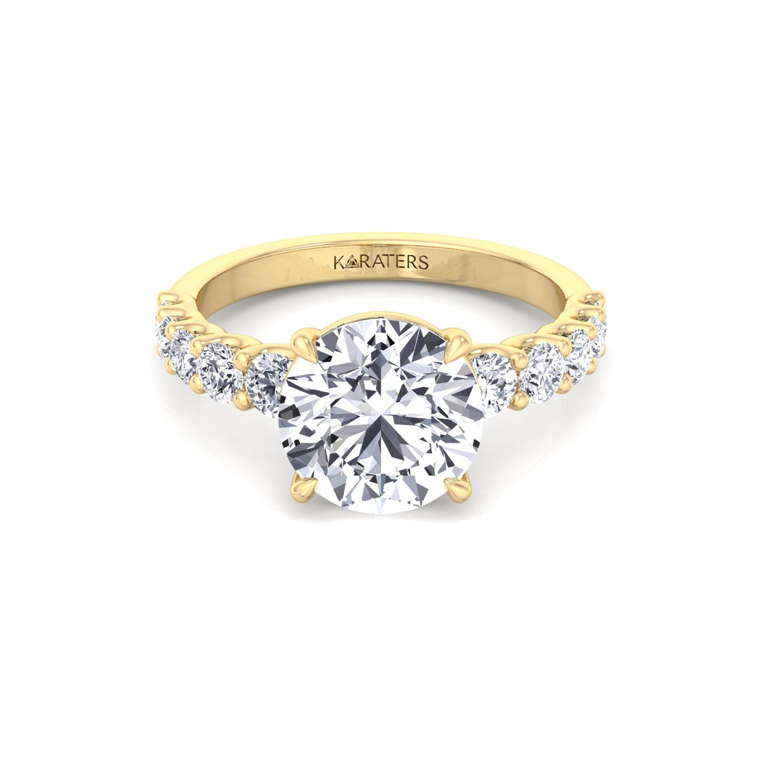 Round Shape Lab Grown Diamond Engagement Ring with Graduated Sidestones Yellow Gold 14K