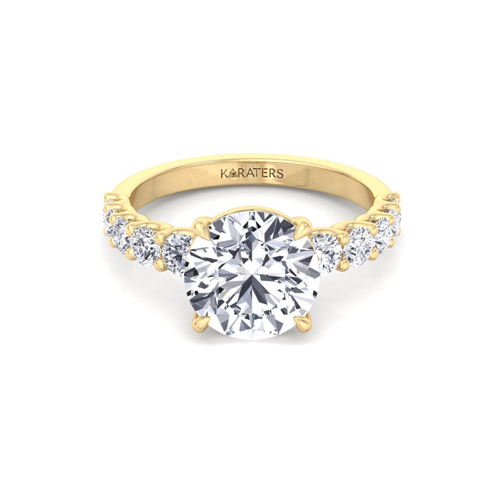 Round Shape Lab Grown Diamond Engagement Ring with Graduated Sidestones Yellow Gold 14K