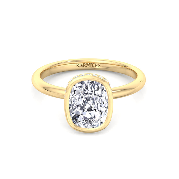 Bezel Set Cushion Cut Lab Grown Diamond Engagement Ring with Hidden Halo Yellow Gold 14K
