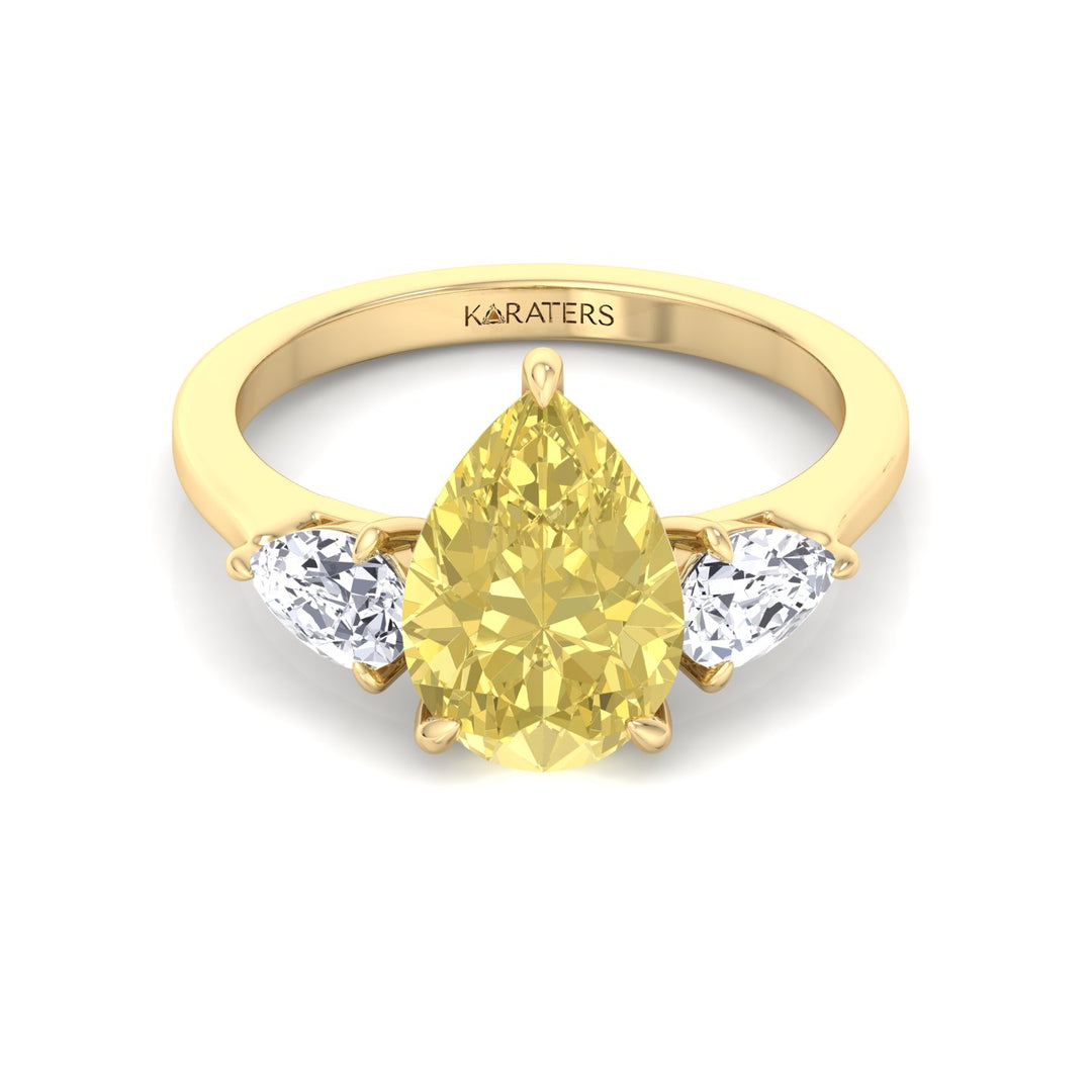 Fancy Yellow Pear Shape Lab Grown Diamond Engagement Ring with Pear Sidestones Yellow Gold 14K