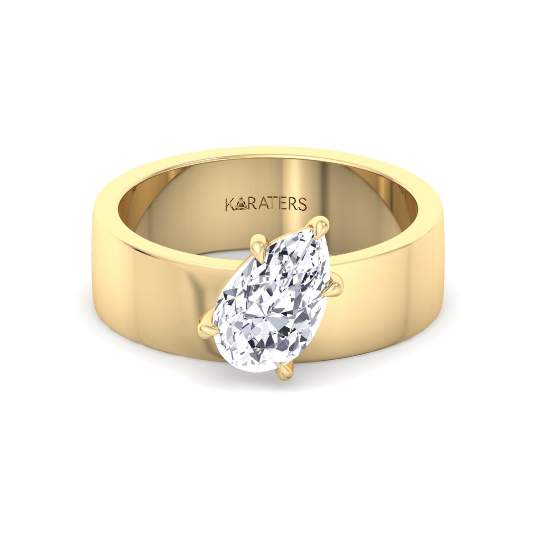 Pear Shaped Lab Grown Diamond Engagement Ring with Wide Band Yellow Gold 18K