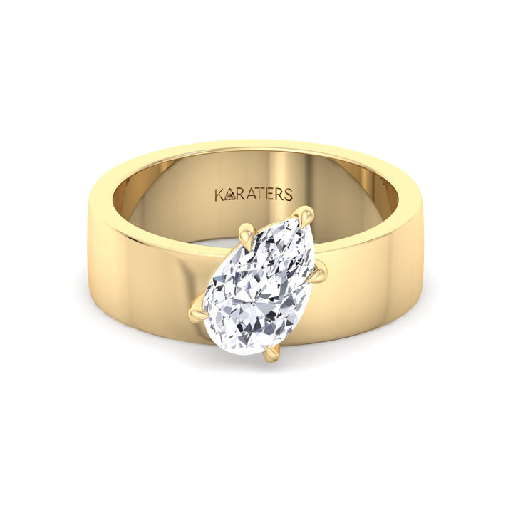 Pear Shaped Lab Grown Diamond Engagement Ring with Wide Band Yellow Gold 18K