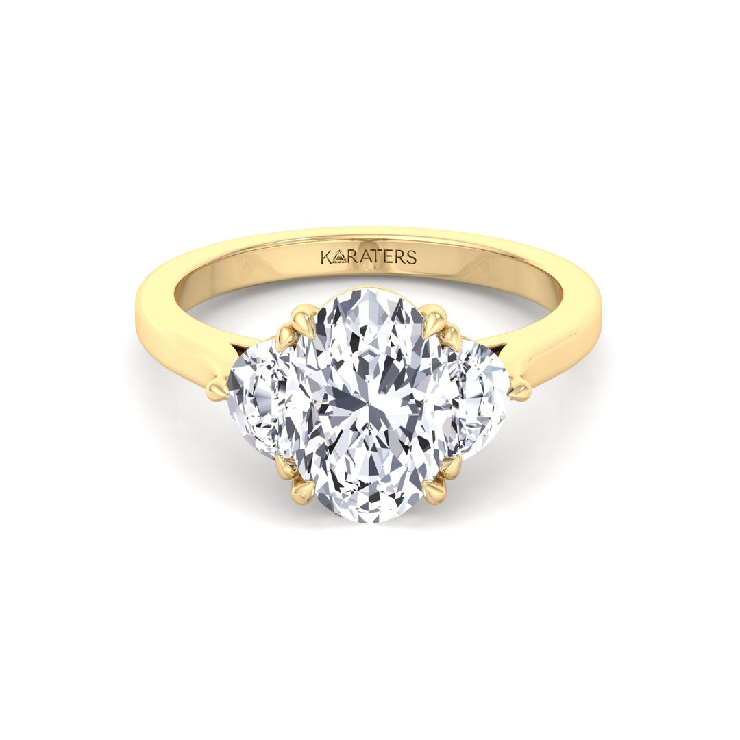 Oval Shape Lab Grown Diamond Engagement Ring with Half Moon Sidestones Yellow Gold 14K