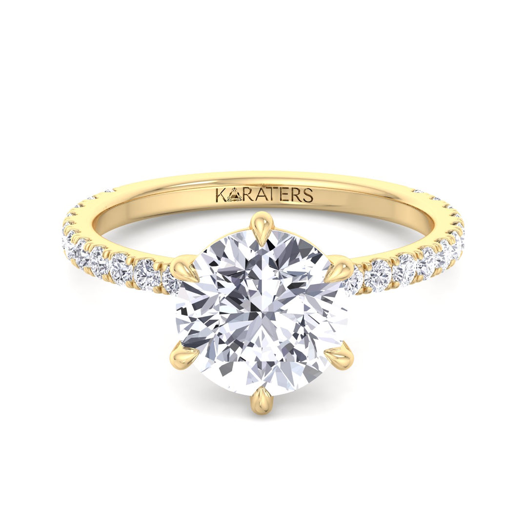 Adria - Six Prong Round Cut Lab Grown Diamond Engagement Ring With Pave Band