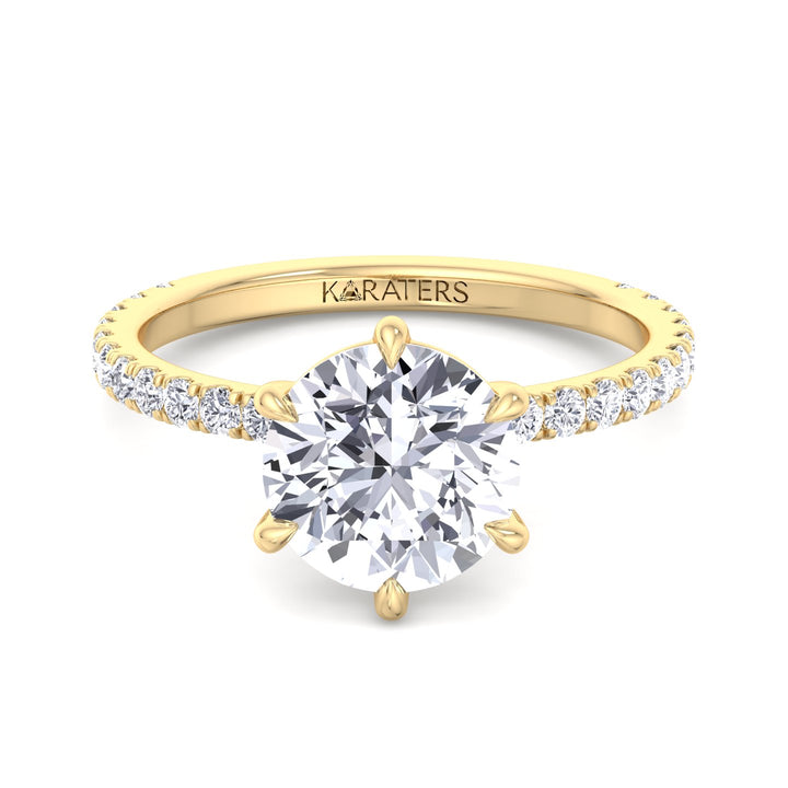 Adria - Six Prong Round Cut Lab Grown Diamond Engagement Ring With Pave Band