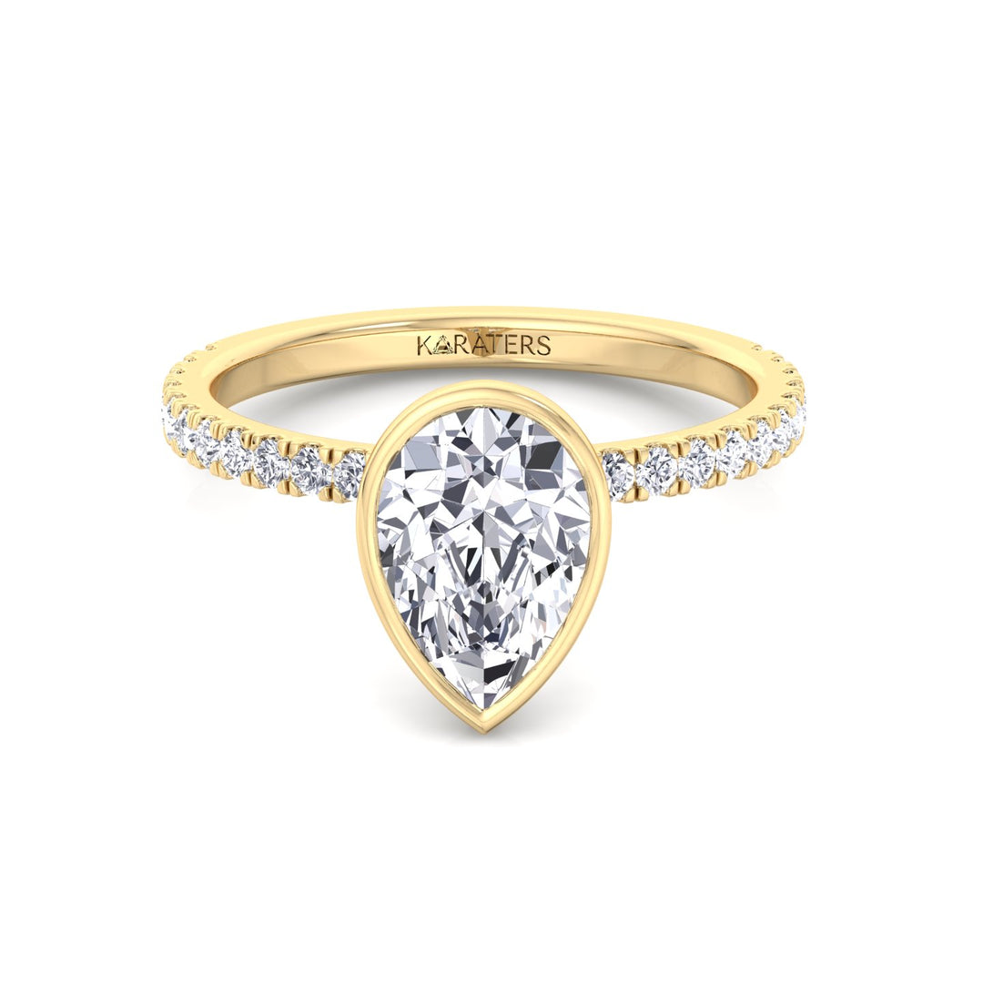 Bezel Set Pear Shape Lab Grown Diamond Engagement Ring With Pave Band Yellow Gold 14K