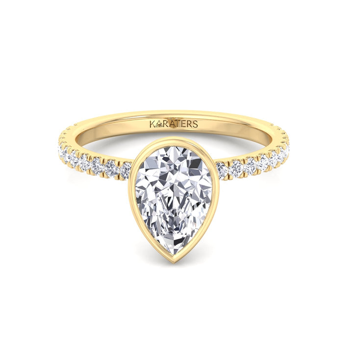 Bezel Set Pear Shape Lab Grown Diamond Engagement Ring With Pave Band Yellow Gold 14K