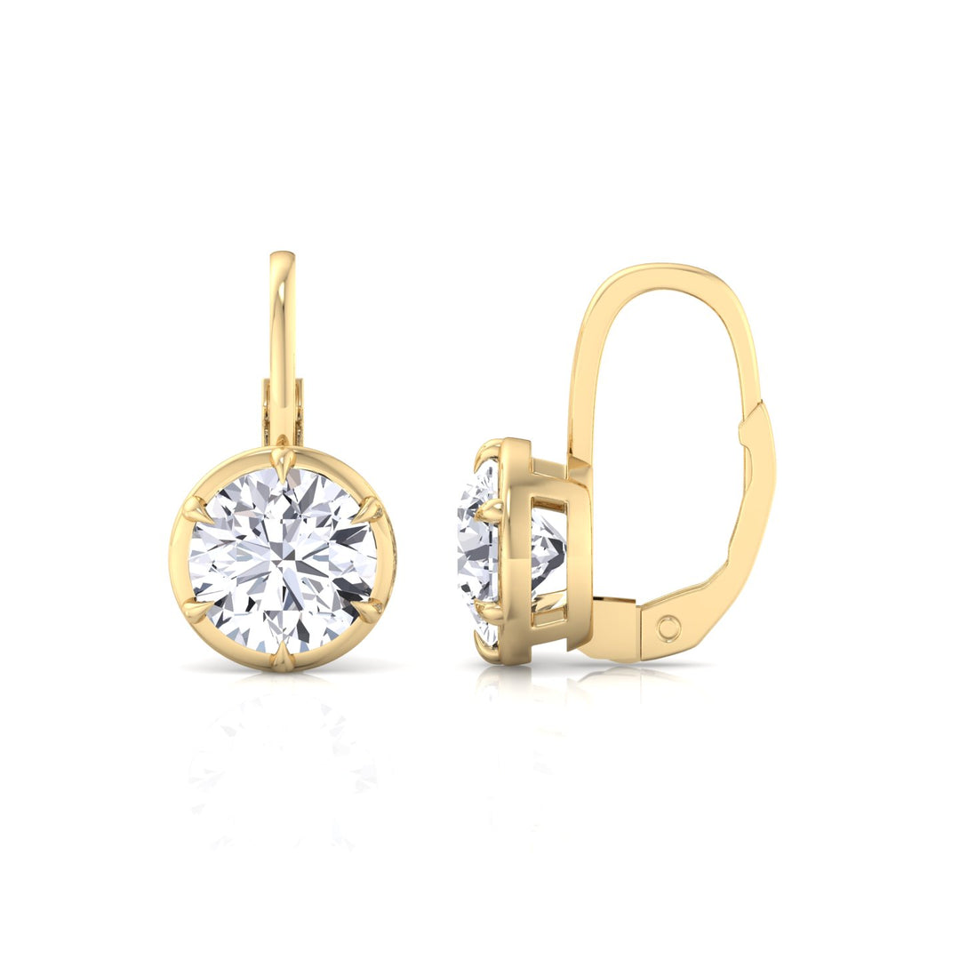 Round Shape Lab Grown Diamond Bezel Prong Drop Earrings Yellow Gold 14K