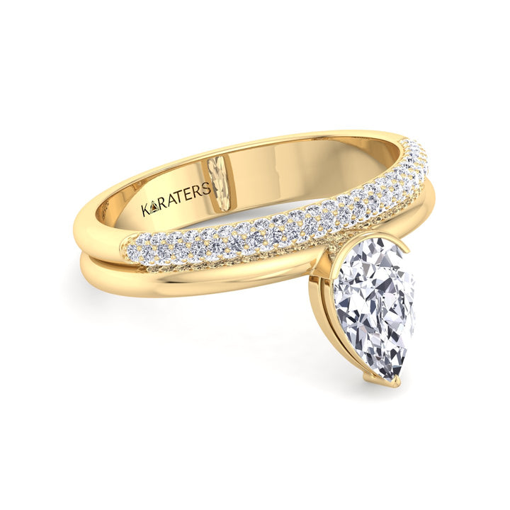 Floating Pear Shape Lab Grown Diamond Engagement Ring with Double Band Yellow Gold 14K
