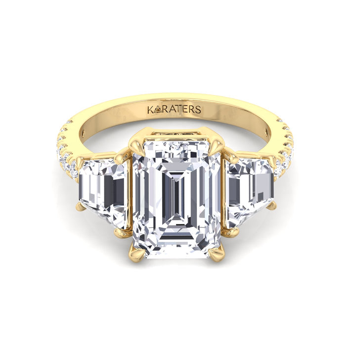 Emerald & Trapezoid Three Stone Lab-Grown Diamond Engagement Ring with Sidestones Yellow Gold 14K