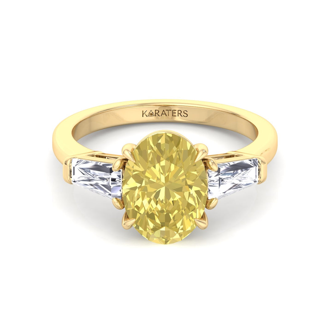 Fancy Yellow Oval Shape Lab Grown Diamond Engagement Ring with Tapered Baguette Sidestones Yellow Gold 14K