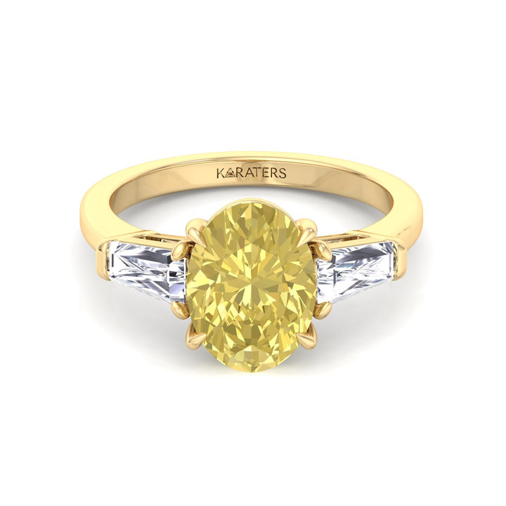 Fancy Yellow Oval Shape Lab Grown Diamond Engagement Ring with Tapered Baguette Sidestones Yellow Gold 14K