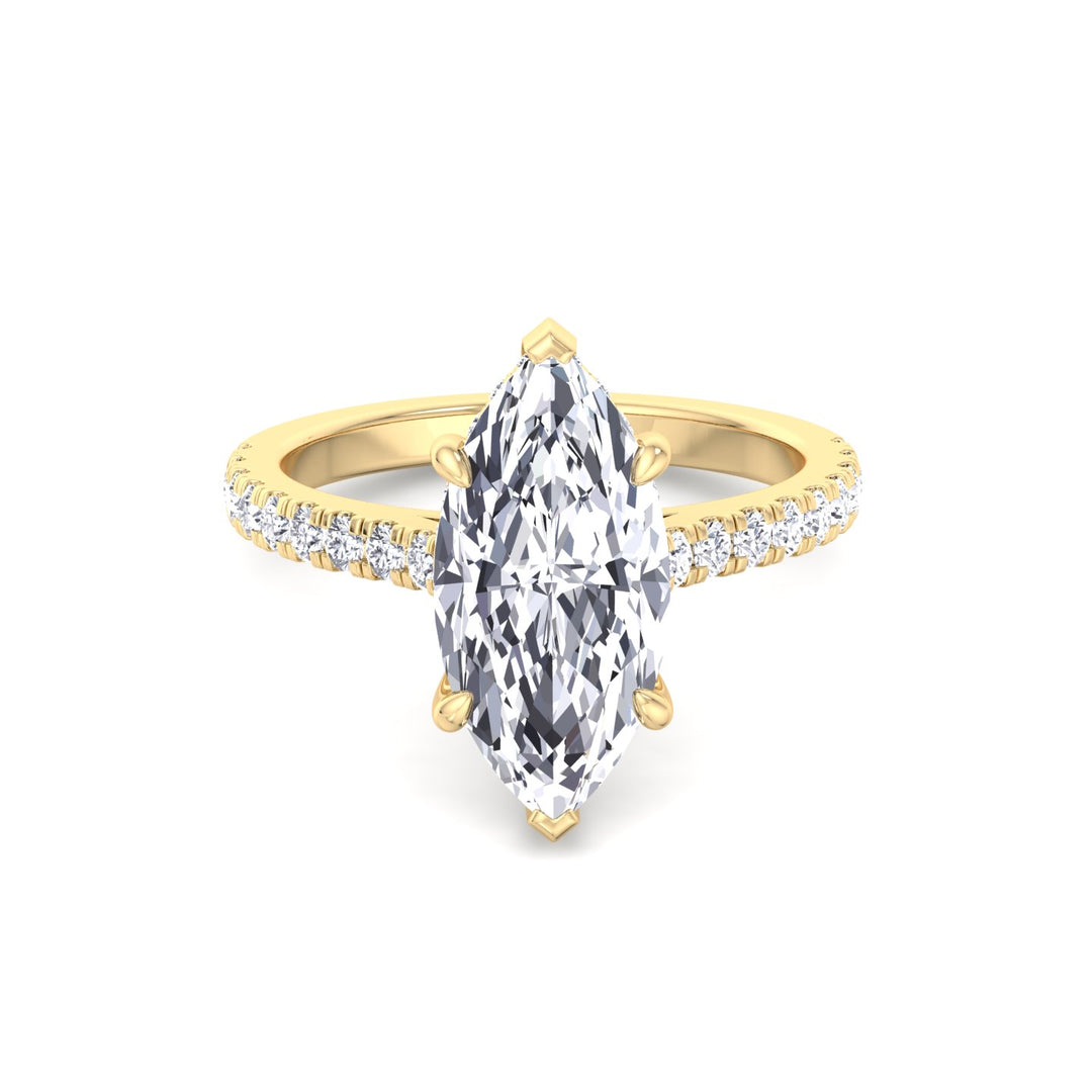 Marquise Shape Lab Grown Diamond Engagement Ring With Hidden Halo & Sidestones Yellow Gold 14K