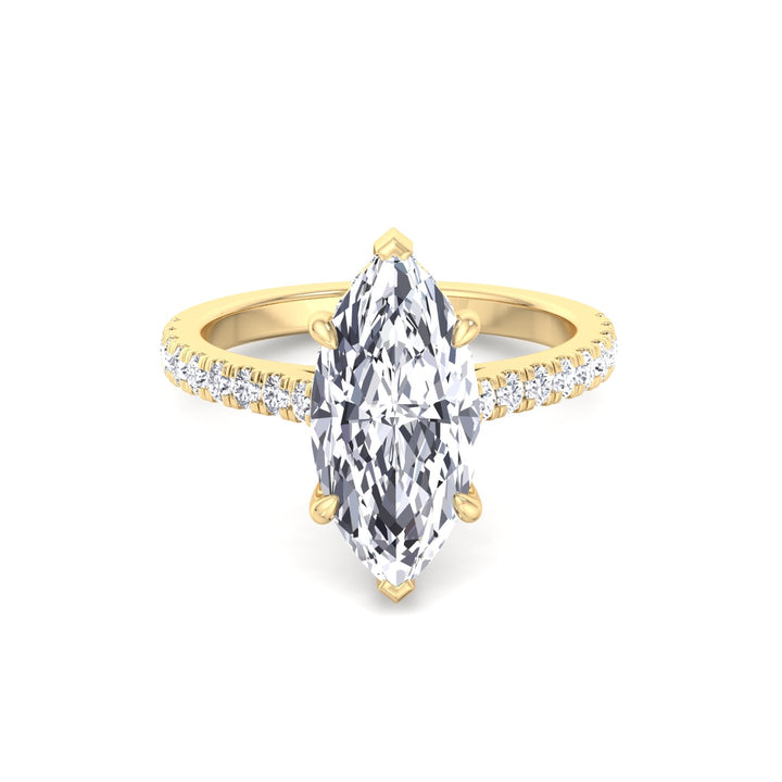 Marquise Shape Lab Grown Diamond Engagement Ring With Hidden Halo & Sidestones Yellow Gold 14K