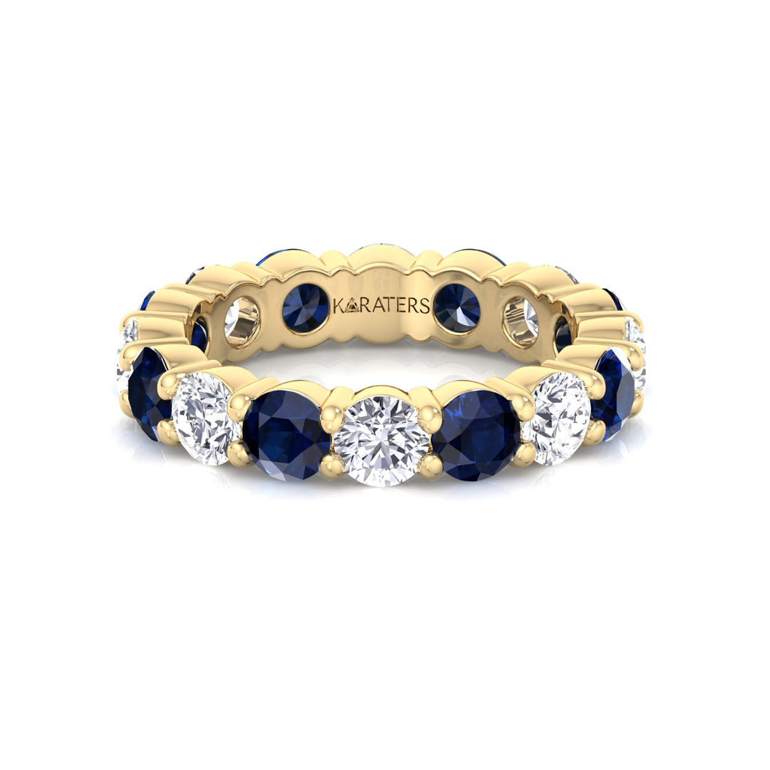 Alternating Round Shape Lab Grown Blue Sapphire and Diamonds Eternity Band Yellow Gold 14K