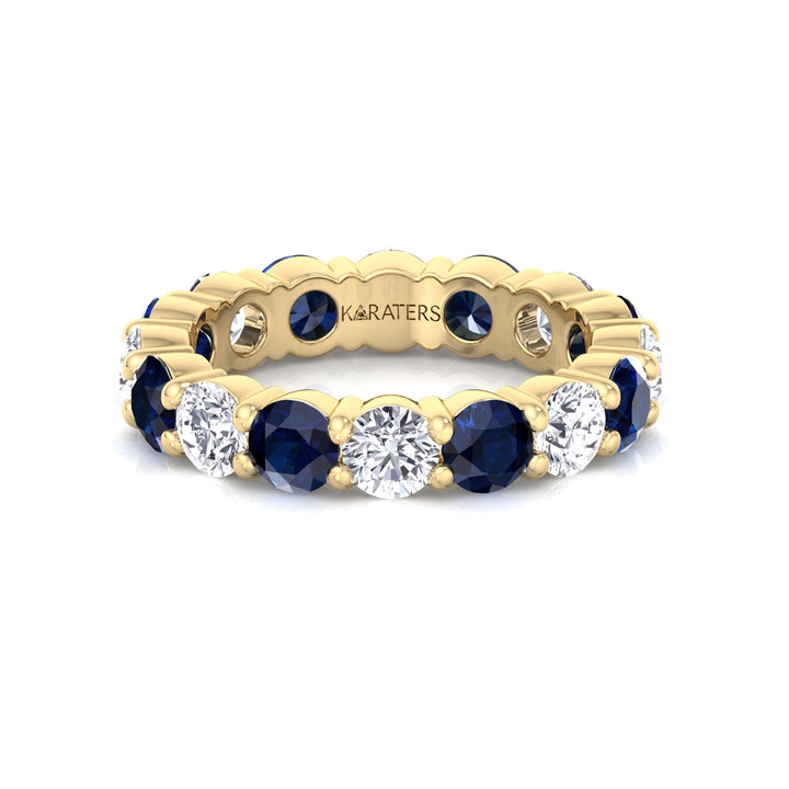Alternating Round Shape Lab Grown Blue Sapphire and Diamonds Eternity Band Yellow Gold 14K