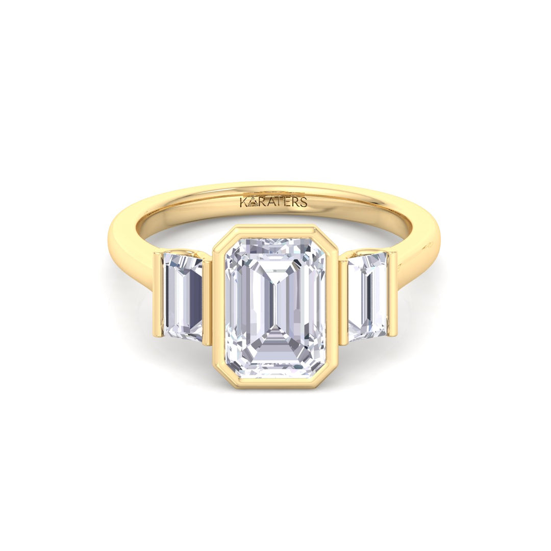 Three Stone Emerald Shape Lab Grow Diamond Engagement Ring Yellow Gold 14K 