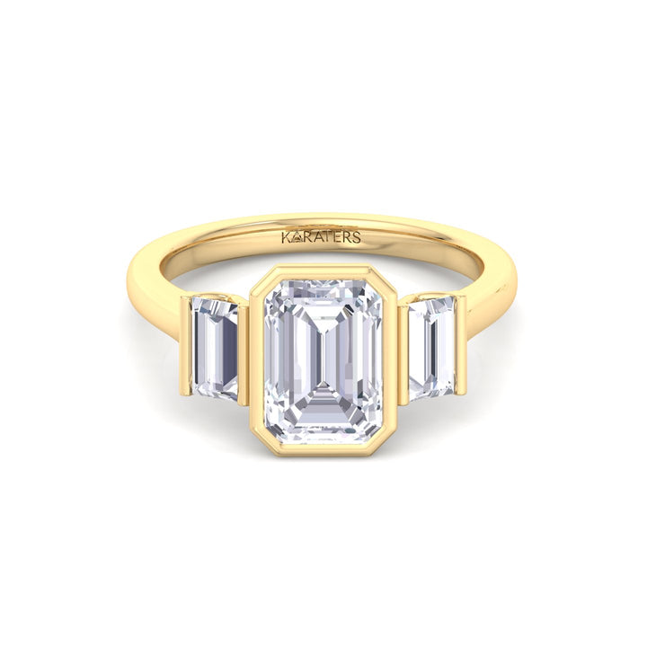 Three Stone Emerald Shape Lab Grow Diamond Engagement Ring Yellow Gold 14K 