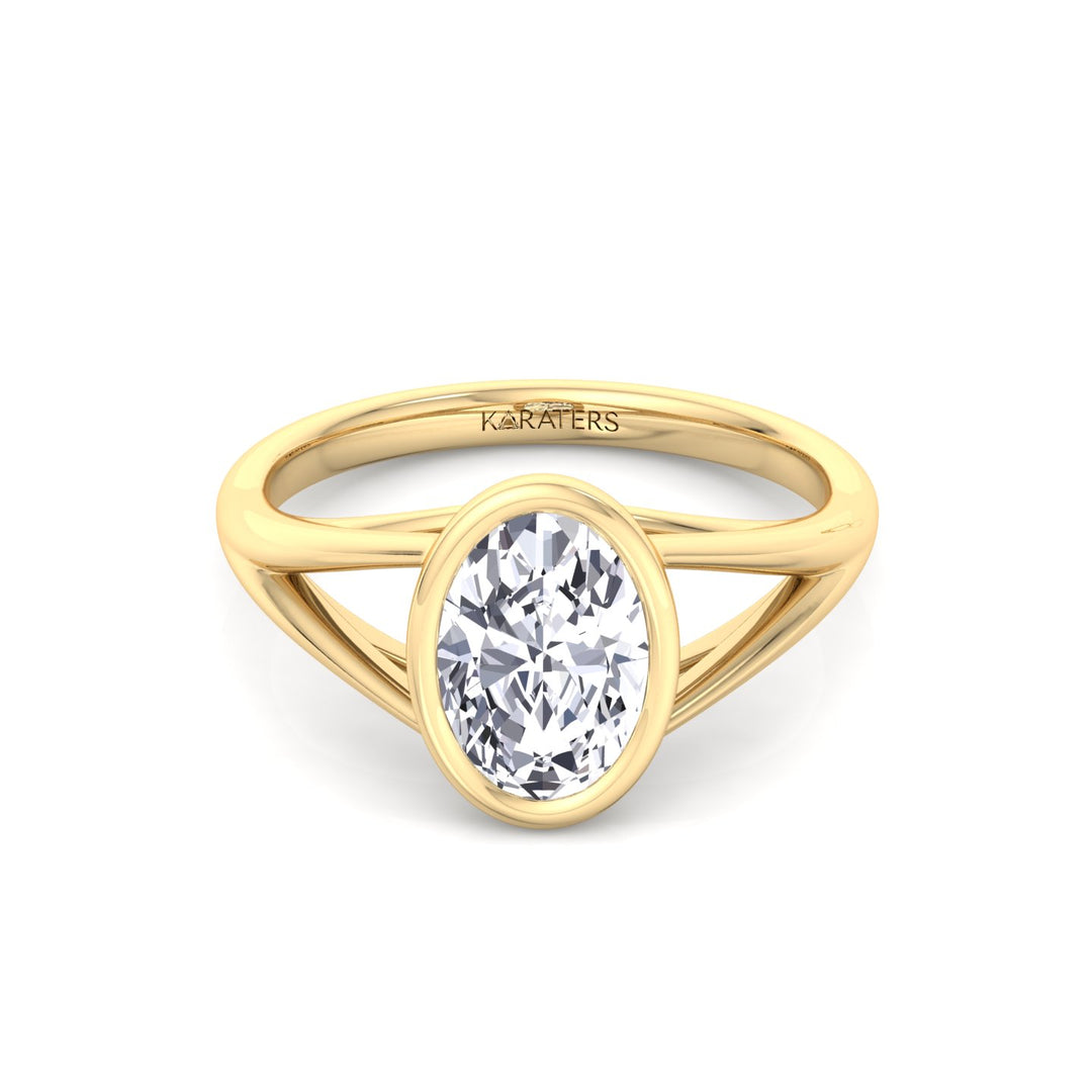 Bezel Set Oval Shape Lab-Grown Diamond Split Shank Engagement Ring Yellow Gold 14K