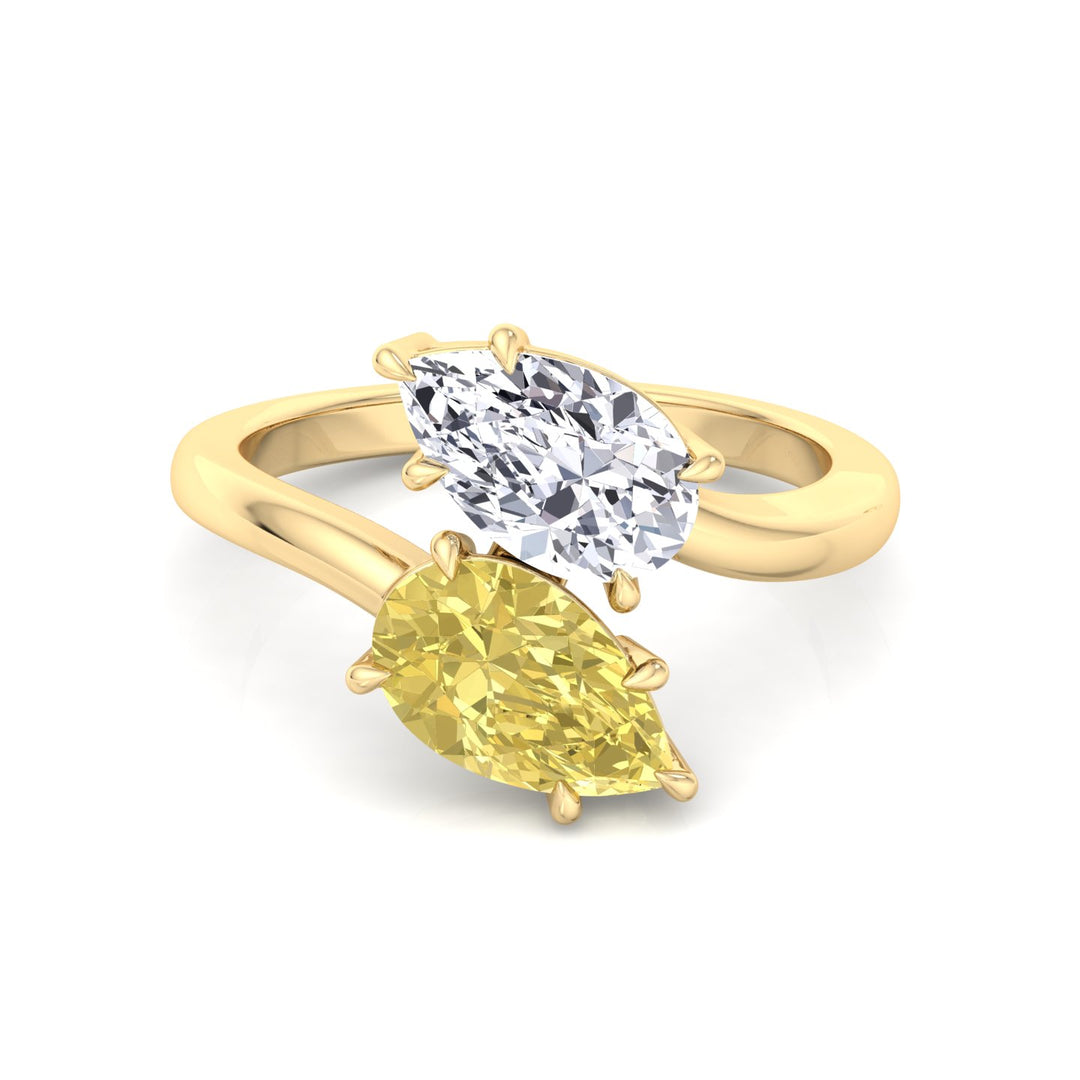 Fancy Yellow Pear Shape Lab Grown Diamond Bypass Two Stone Engagement Ring Yellow Gold 14K 