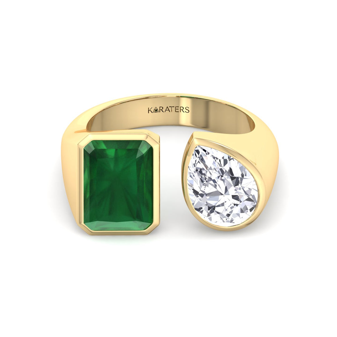 YG Radiant Green Emerald and Pear Shape Bezel Set Lab Grown Diamond front view