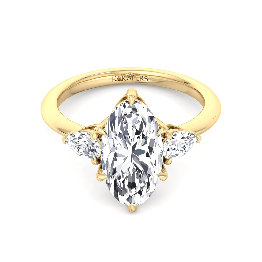 Moval Lab-Grown Diamond Engagement Ring with Pear Sidestones Yellow Gold 14K