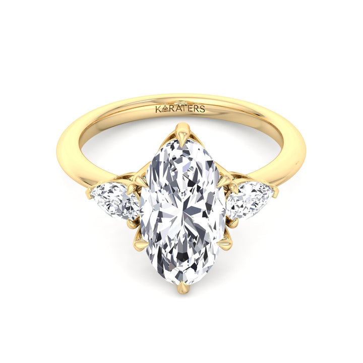 Moval Lab-Grown Diamond Engagement Ring with Pear Sidestones Yellow Gold 14K