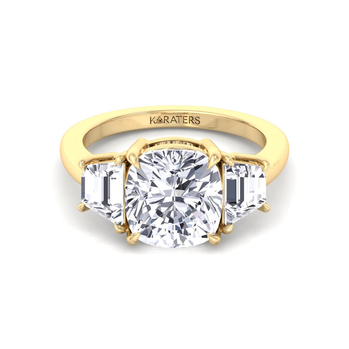 Cushion & Trapezoid Three Stone Lab-Diamond Engagement Ring Yellow Gold 14K