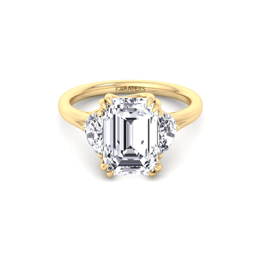 Emerald & Trapezoid Three Stone Lab-Diamond Engagement Ring YG 4