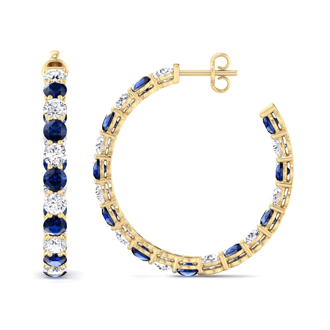 Alternating Lab Grown Blue Sapphire and Diamond Inside Out Hoop Earrings Yellow Gold