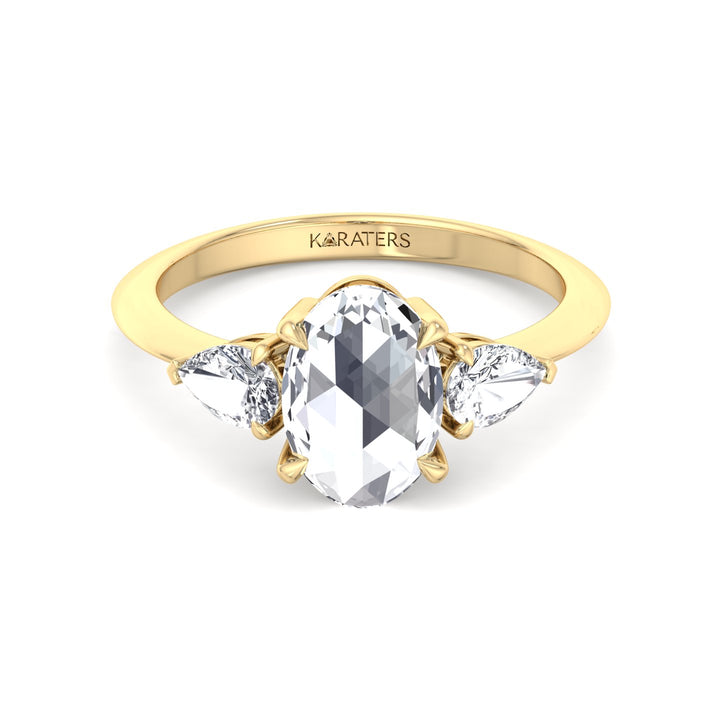Oval Rose-Cut Lab Grown Diamond Engagement Ring with Pear Sidestones Yellow Gold 14K