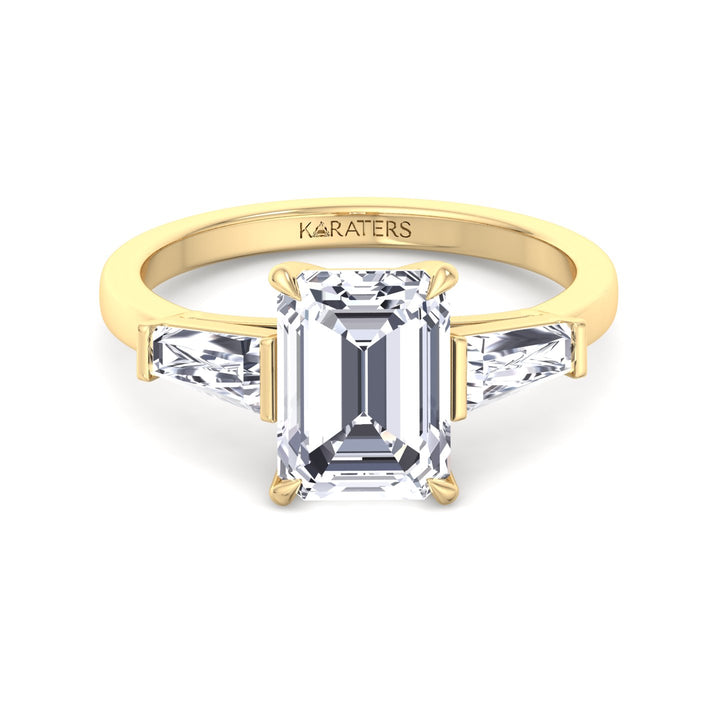 Emerald Cut Grown Diamond Solitaire Engagement Ring With Tapered Baguette Sidestones Yellow Gold 14K 18K