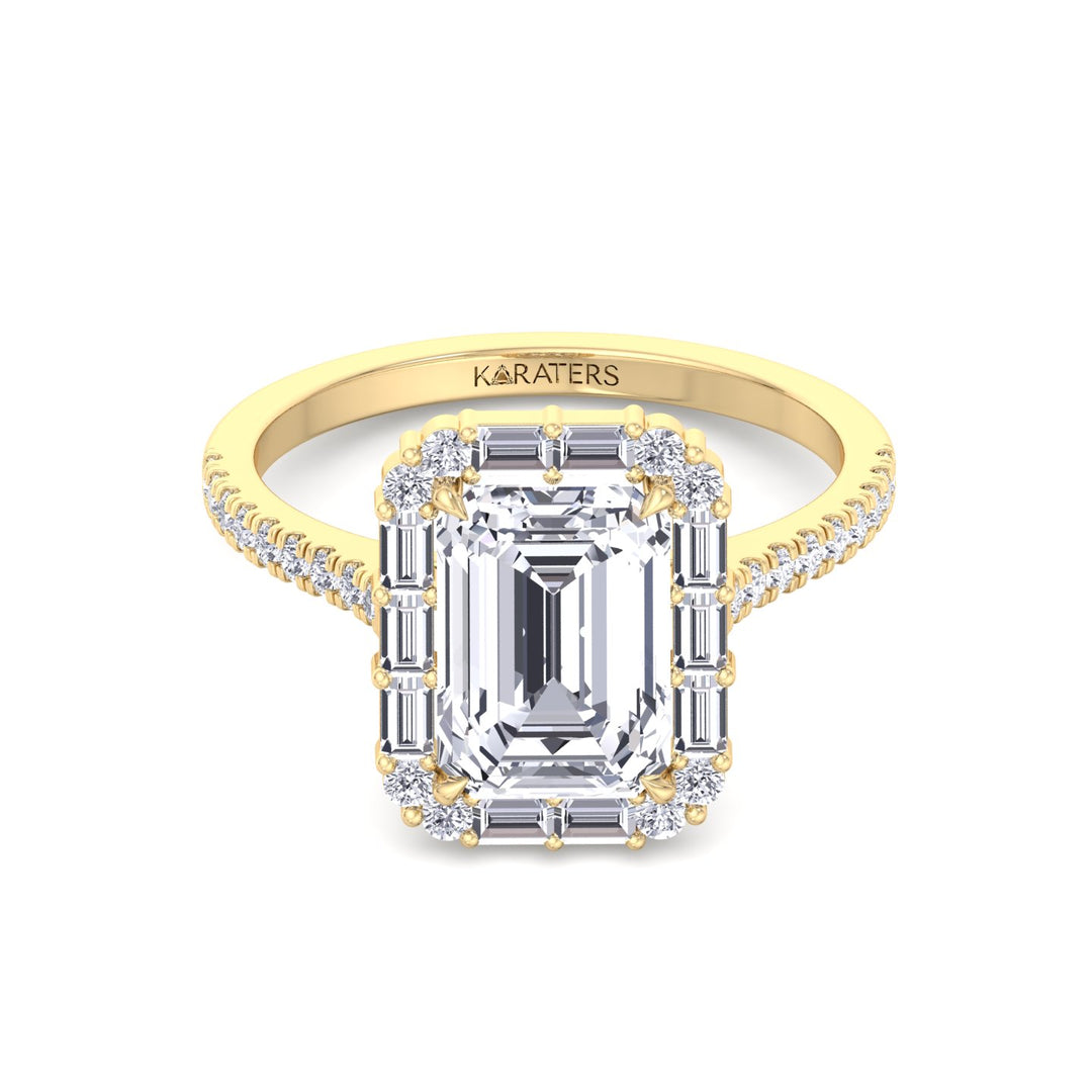 Vintage Emerald Cut Lab-Grown Diamond Engagement Ring with Sidestones Yellow Gold 14K 