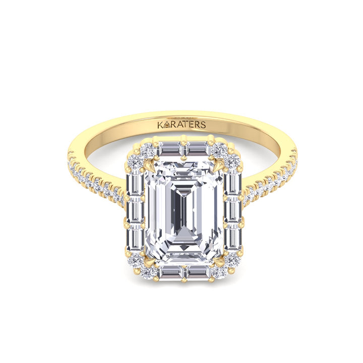 Vintage Emerald Cut Lab-Grown Diamond Engagement Ring with Sidestones Yellow Gold 14K 