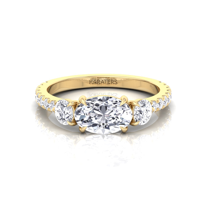 East West Oval Lab-Grown Diamond Engagement Ring with Round Sidestones Yellow Gold 18K