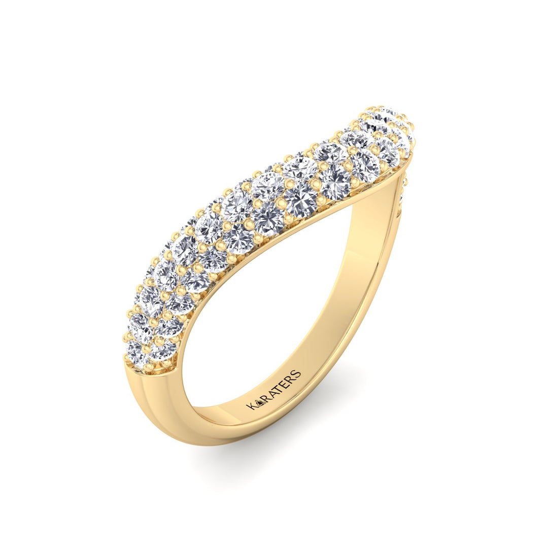 3 Row Pave Curved Lab Grown Diamond Wedding Band Yellow Gold 18K