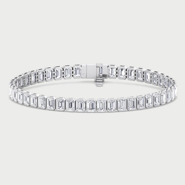 Bezel Set Emerald Shape Lab Grown Diamond Tennis Bracelet 18K Solid Gold