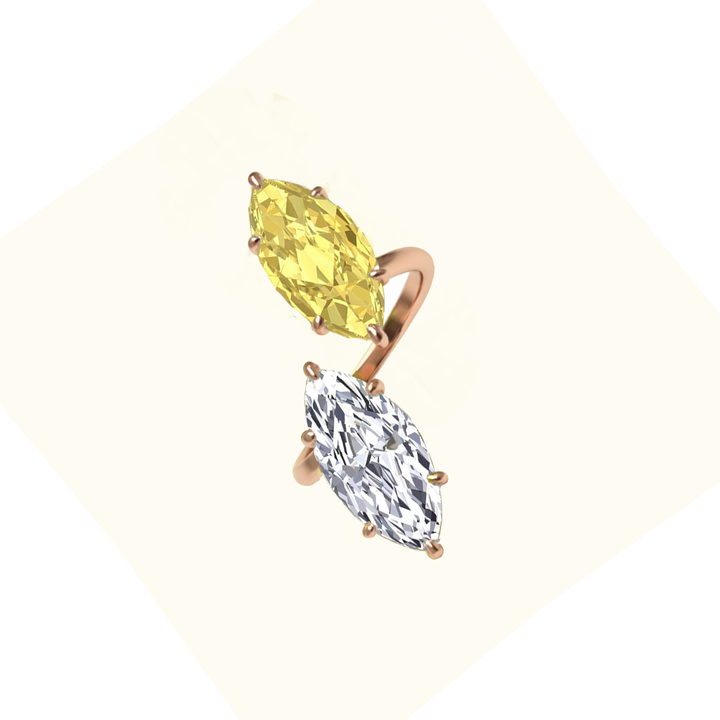 Fancy Yellow Marquise Cut Lab Grown Diamond Bypass Two Stone Engagement Ring rose gold side view