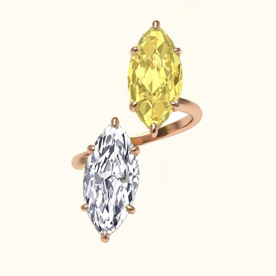 Fancy Yellow Marquise Cut Lab Grown Diamond Bypass Two Stone Engagement Ring rose gold