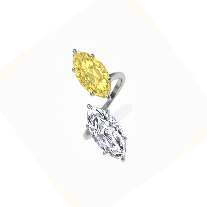 Fancy Yellow Marquise Cut Lab Grown Diamond Bypass Two Stone Engagement Ring white gold side view