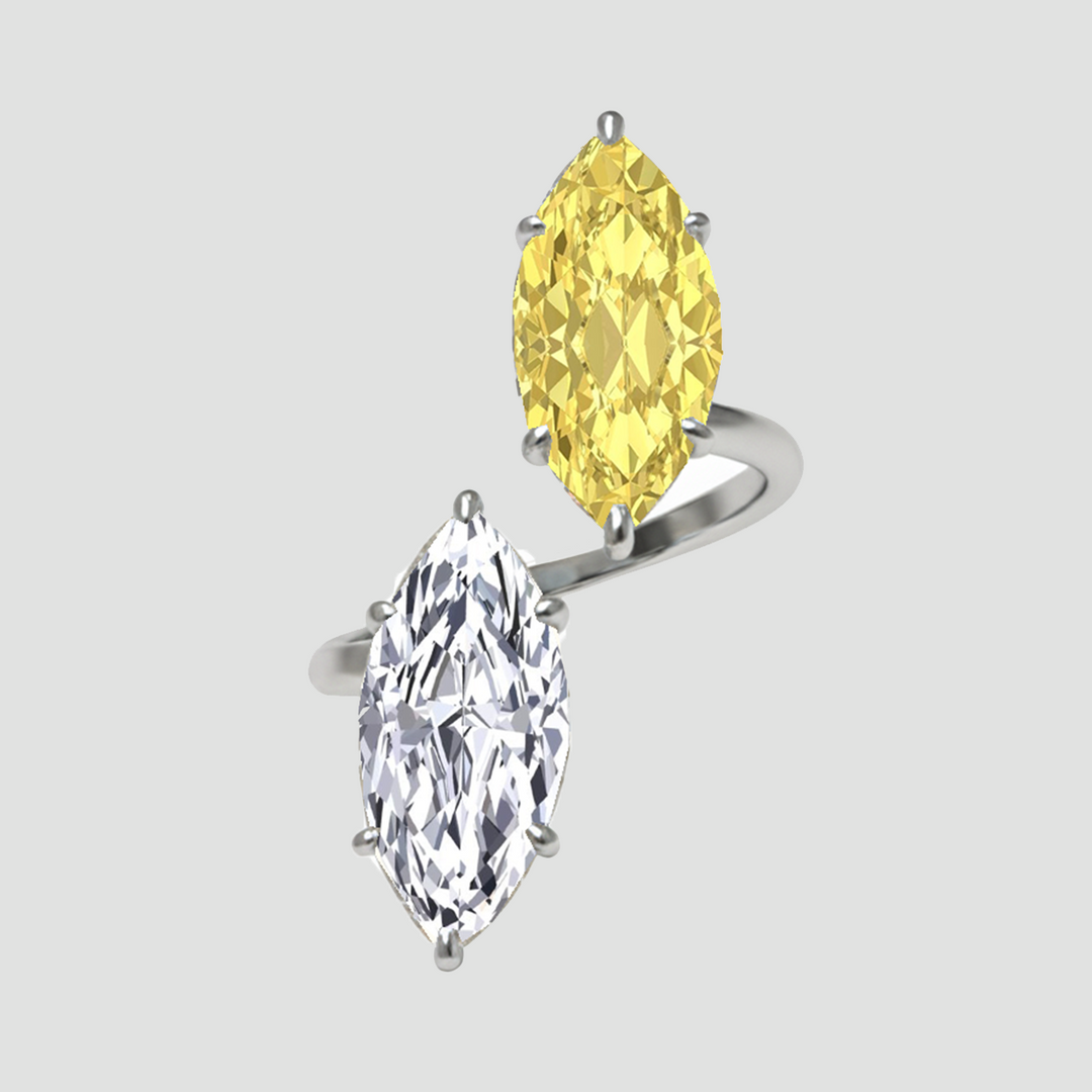 Fancy Yellow Marquise Cut Lab Grown Diamond Bypass Two Stone Engagement Ring white gold